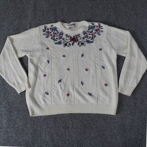 Alfred Dunner Petite Cream Floral Embroidered Cable Knit Sweater Women's PL